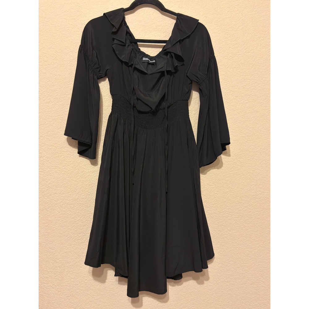 Scarlet Darkness Black Gothic Ruffle Neck Smocked Waist Bell Sleeve Dress Small